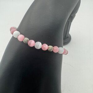 Pink White Beaded Bracelet Toggle Clasp Silver Accents Handmade Jewelry Gift